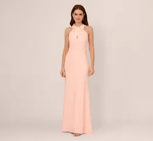 Floral Embellished Crossover Halter Gown In Peach Kiss