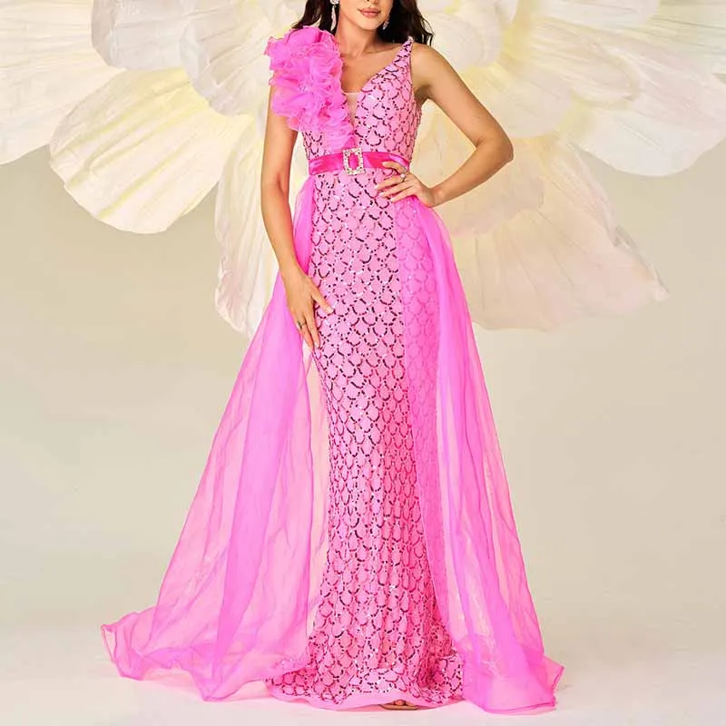Flowered Pink Sequin Prom Dress Cape Sleeveless Mermaid Event Dress