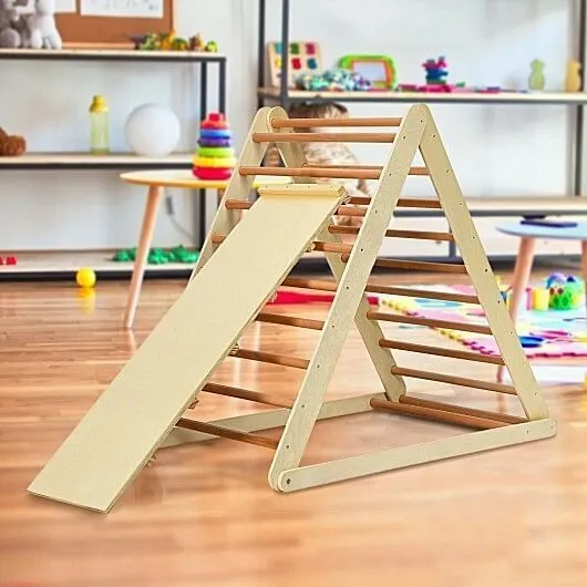 Foldable Wooden Climbing Triangle Indoor with Ladder for Toddler Baby-Natural -