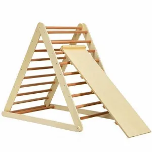 Foldable Wooden Climbing Triangle Indoor with Ladder for Toddler Baby-Natural -