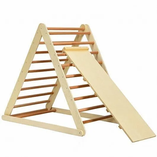 Foldable Wooden Climbing Triangle Indoor with Ladder for Toddler Baby-Natural -