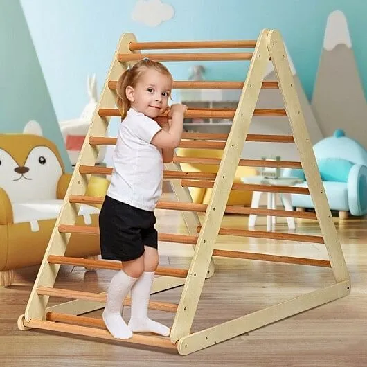Foldable Wooden Climbing Triangle Indoor with Ladder for Toddler Baby-Natural -