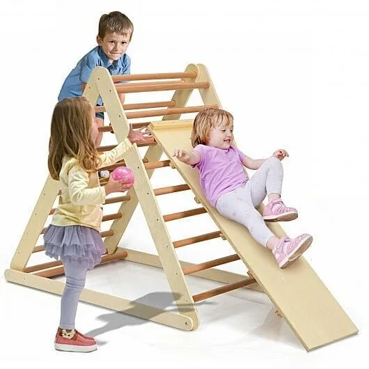 Foldable Wooden Climbing Triangle Indoor with Ladder for Toddler Baby-Natural -