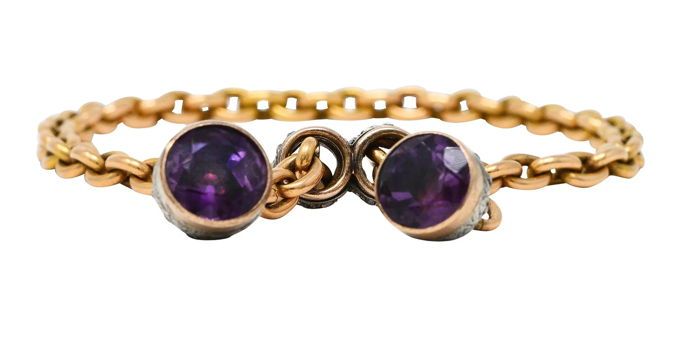 French Georgian Amethyst Diamond Silver-Topped 18 Karat Yellow Gold Slide Lariat Antique Chain Bracelet