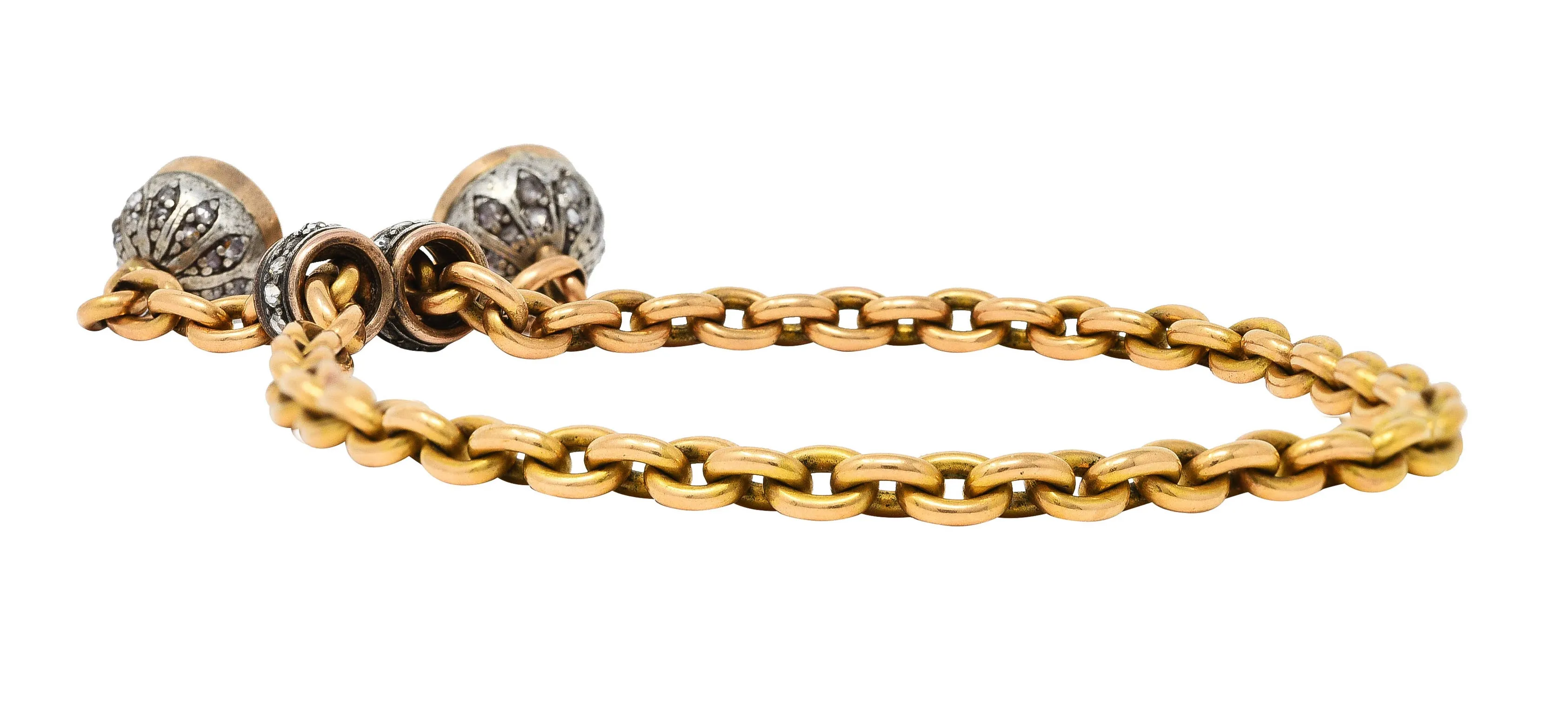 French Georgian Amethyst Diamond Silver-Topped 18 Karat Yellow Gold Slide Lariat Antique Chain Bracelet