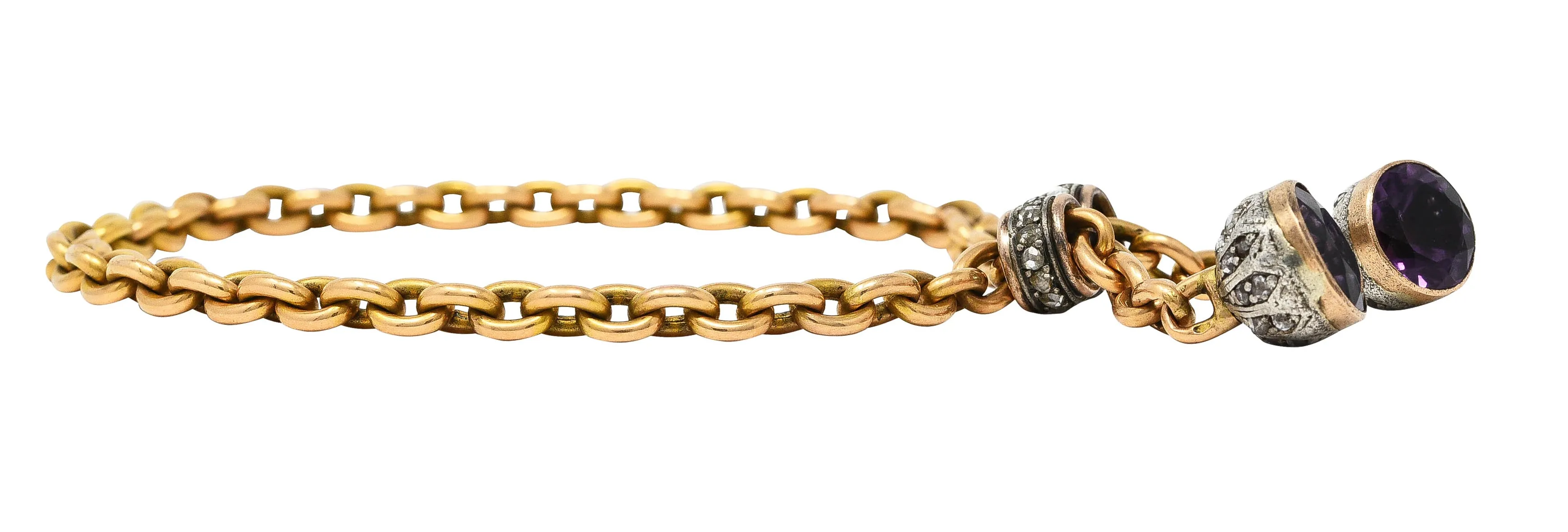 French Georgian Amethyst Diamond Silver-Topped 18 Karat Yellow Gold Slide Lariat Antique Chain Bracelet