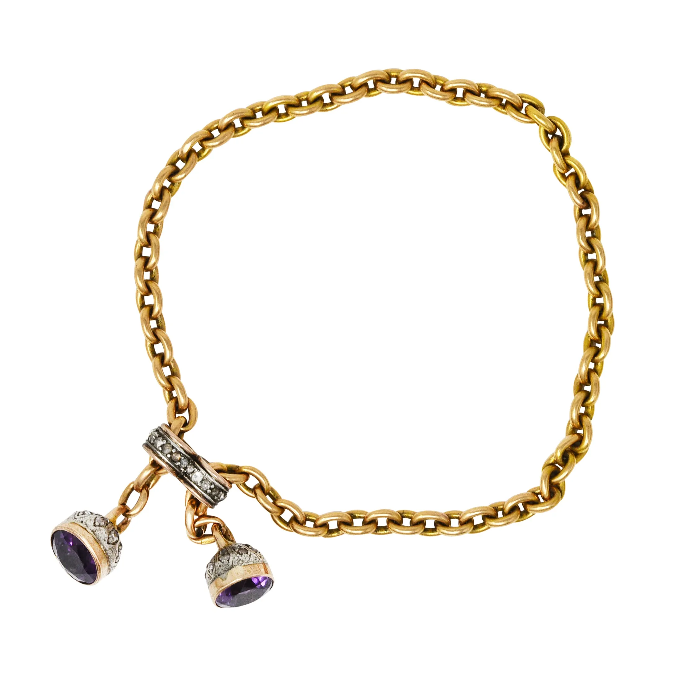 French Georgian Amethyst Diamond Silver-Topped 18 Karat Yellow Gold Slide Lariat Antique Chain Bracelet