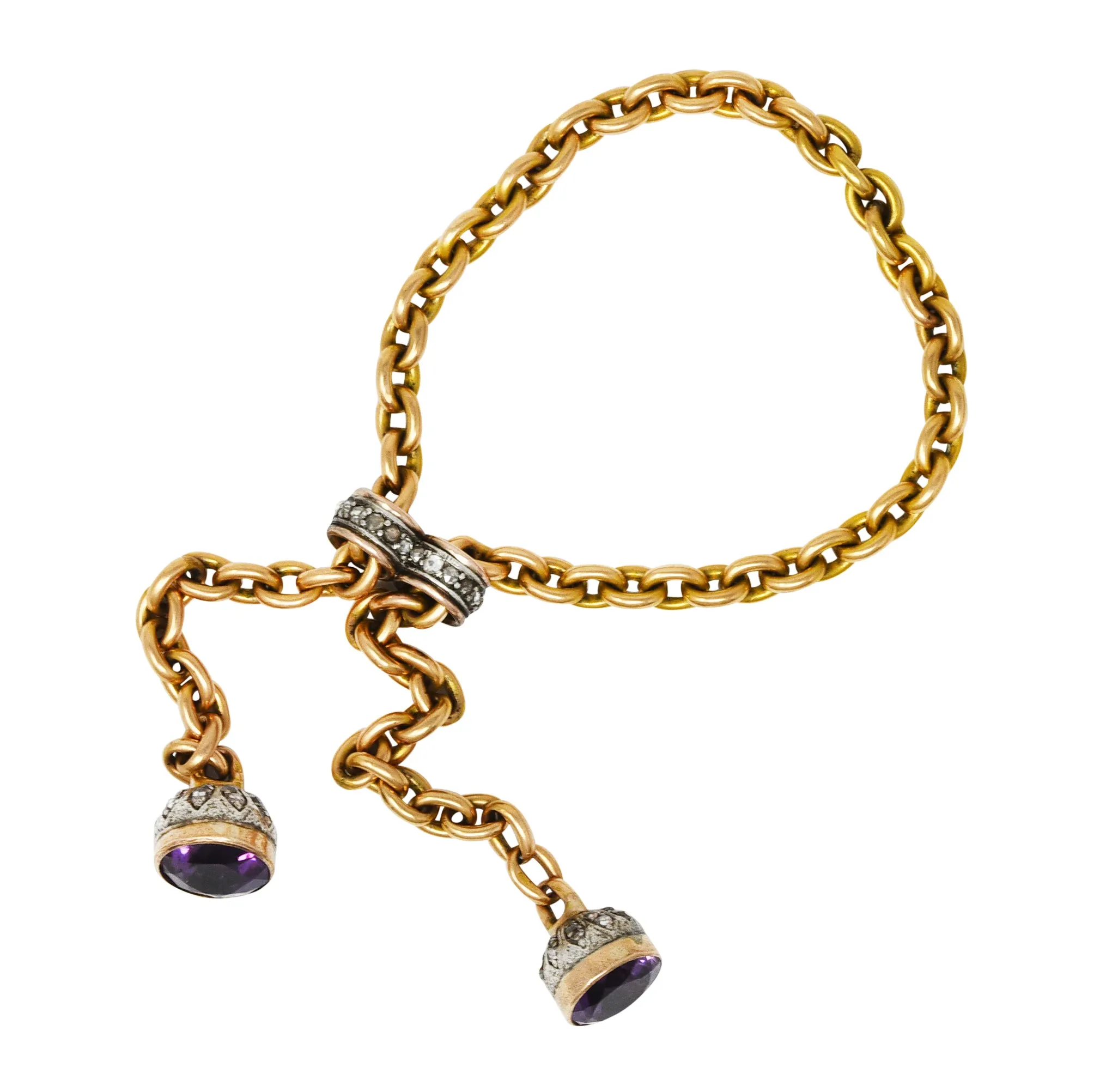 French Georgian Amethyst Diamond Silver-Topped 18 Karat Yellow Gold Slide Lariat Antique Chain Bracelet