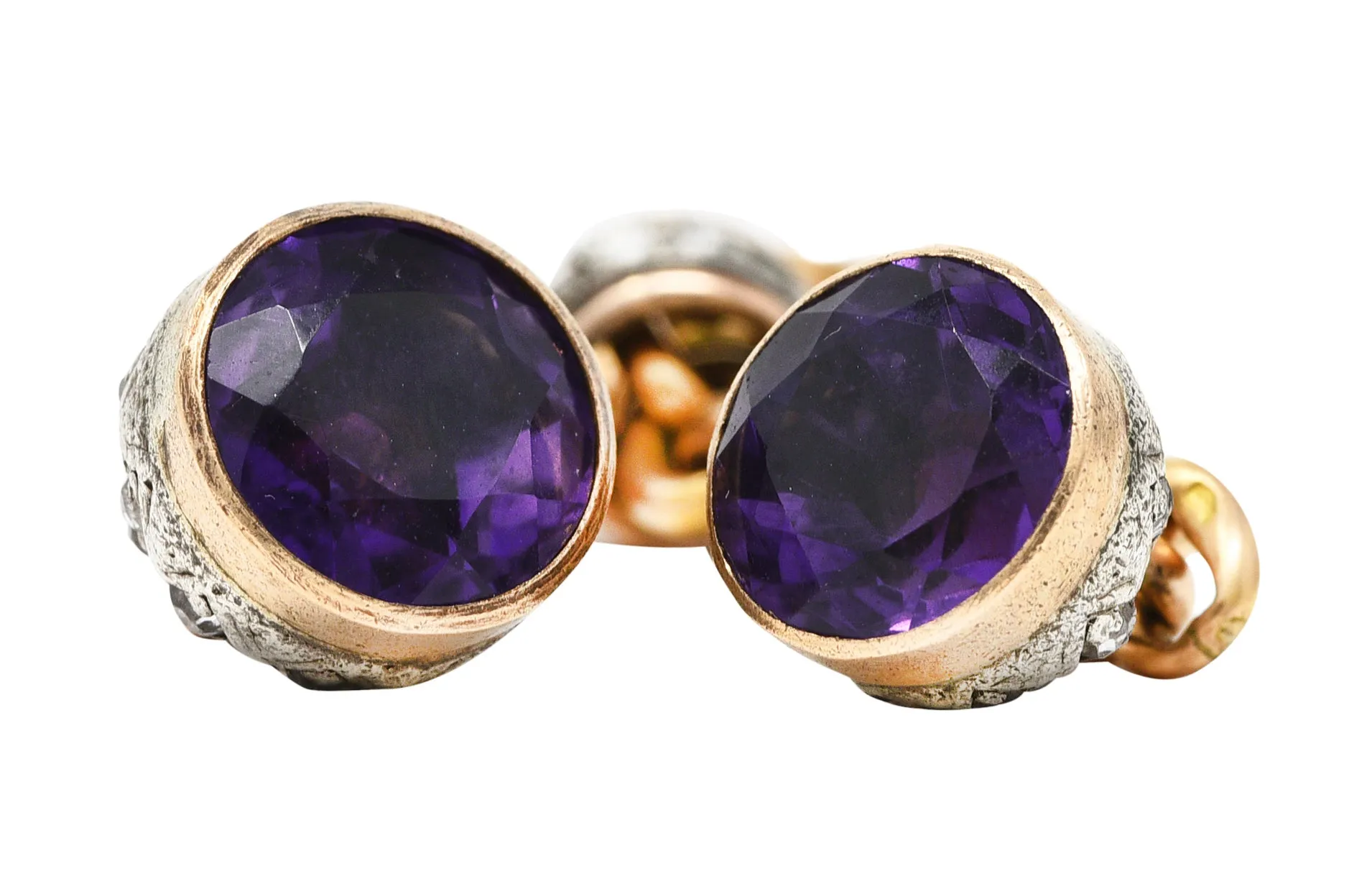 French Georgian Amethyst Diamond Silver-Topped 18 Karat Yellow Gold Slide Lariat Antique Chain Bracelet