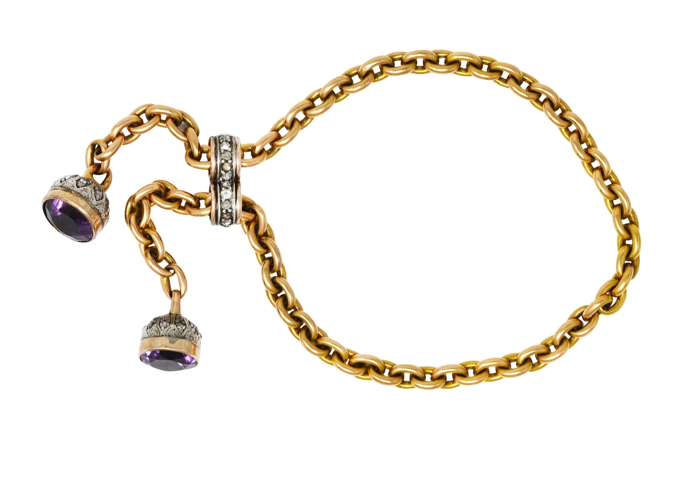 French Georgian Amethyst Diamond Silver-Topped 18 Karat Yellow Gold Slide Lariat Antique Chain Bracelet