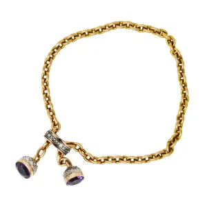 French Georgian Amethyst Diamond Silver-Topped 18 Karat Yellow Gold Slide Lariat Antique Chain Bracelet