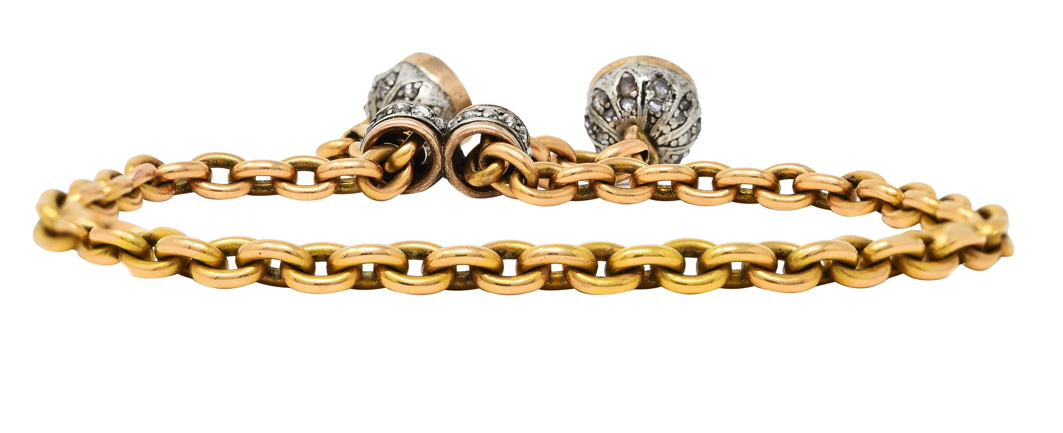 French Georgian Amethyst Diamond Silver-Topped 18 Karat Yellow Gold Slide Lariat Antique Chain Bracelet
