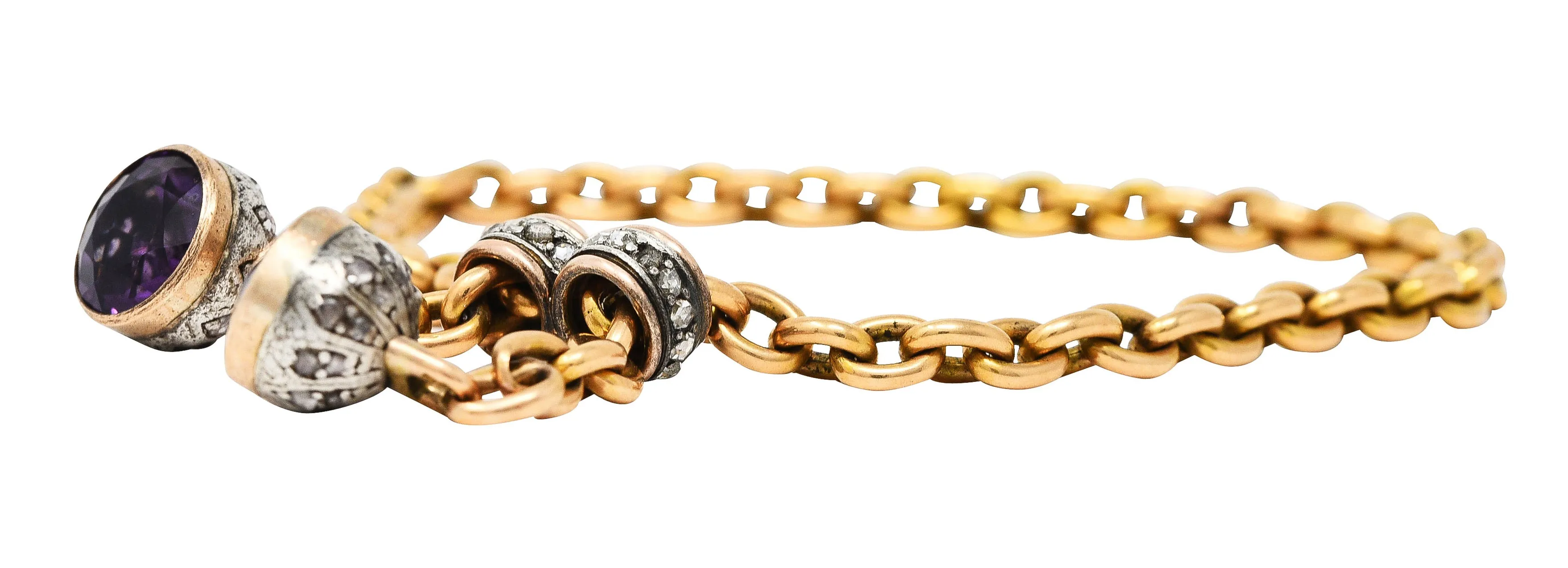 French Georgian Amethyst Diamond Silver-Topped 18 Karat Yellow Gold Slide Lariat Antique Chain Bracelet