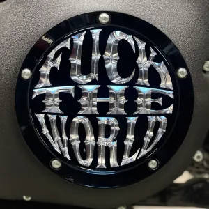 Fuck The World Twin Cam Derby Cover - Gloss Black   Aluminum