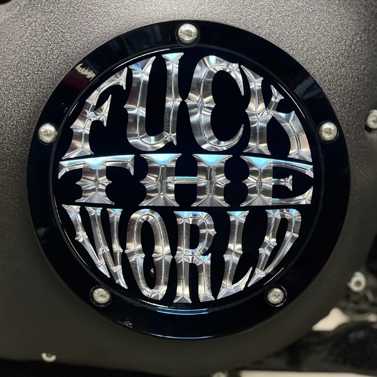 Fuck The World Twin Cam Derby Cover - Gloss Black   Aluminum