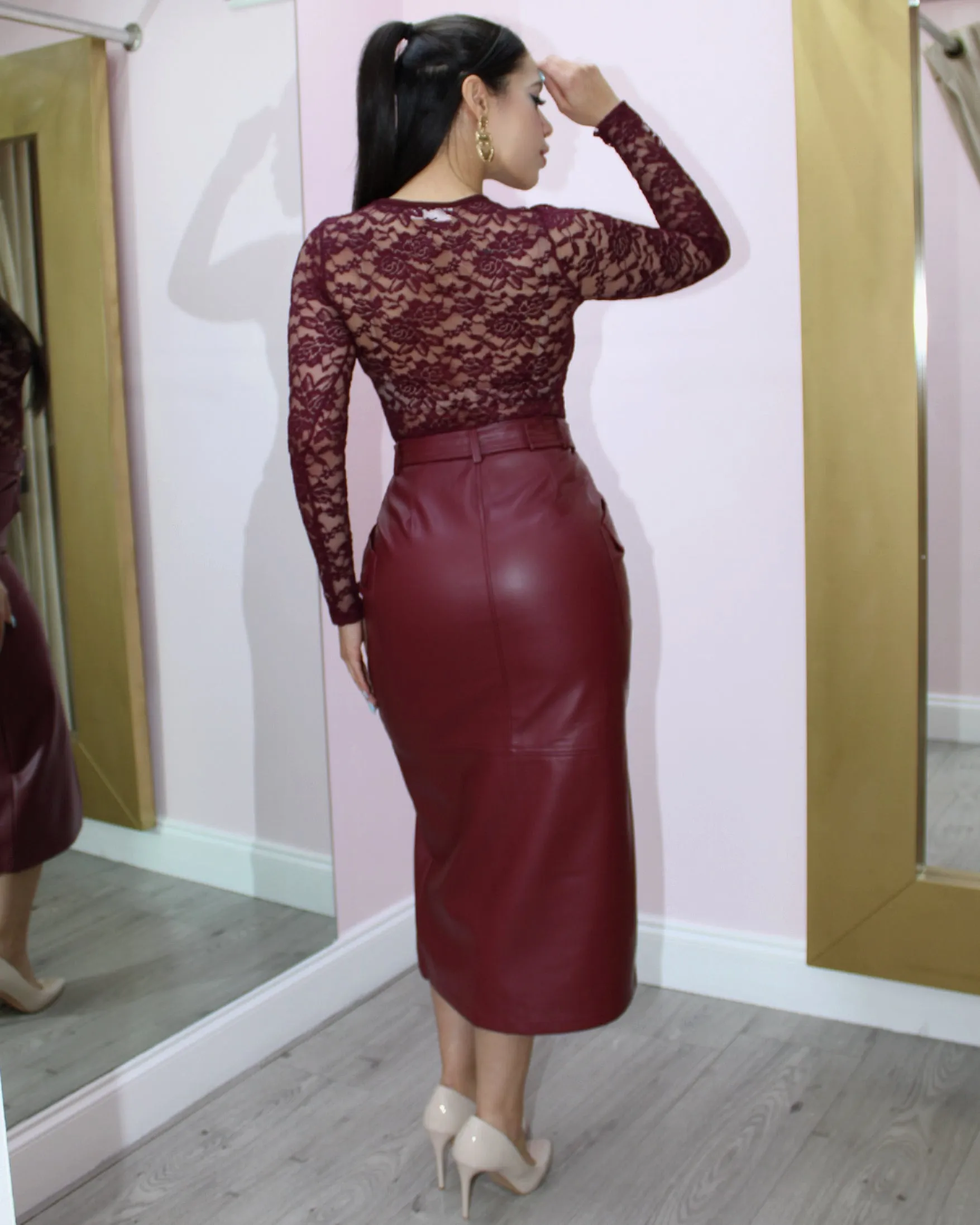 Give It To Me Faux Leather High Waist Skirt Burgundy