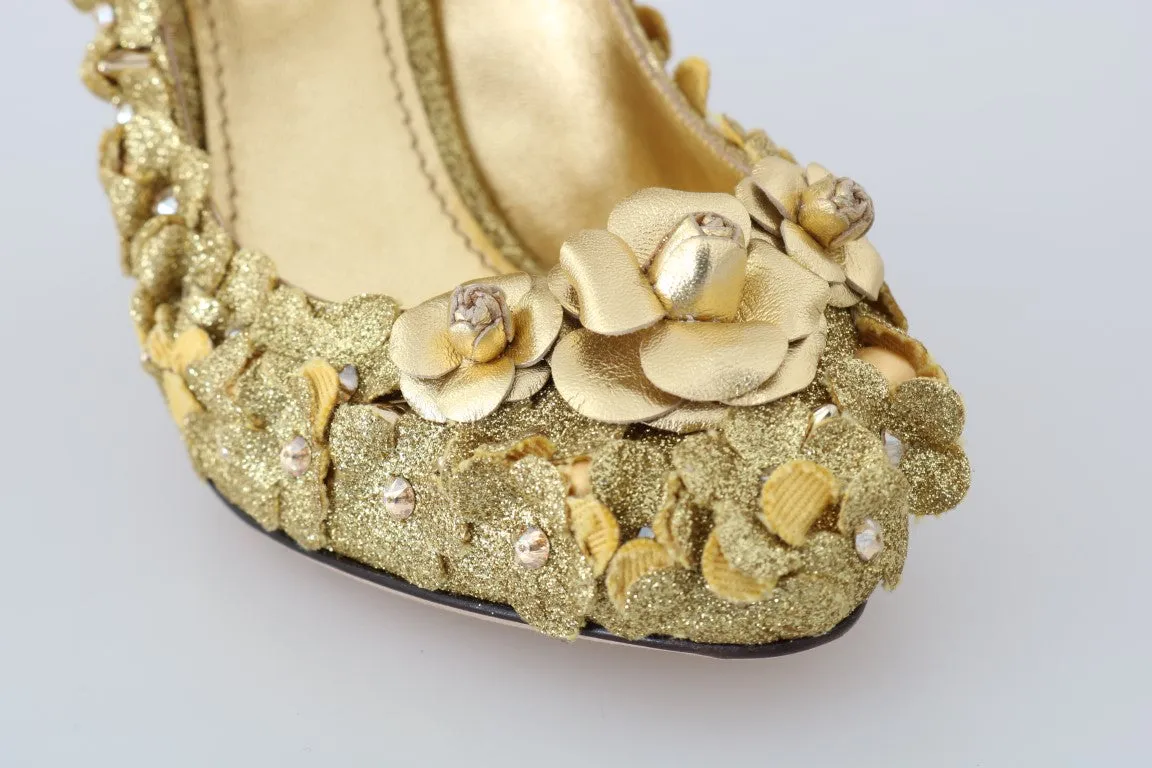 Gold Floral Crystal Mary Janes Pumps