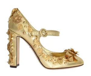 Gold Leather Floral Studded Pumps