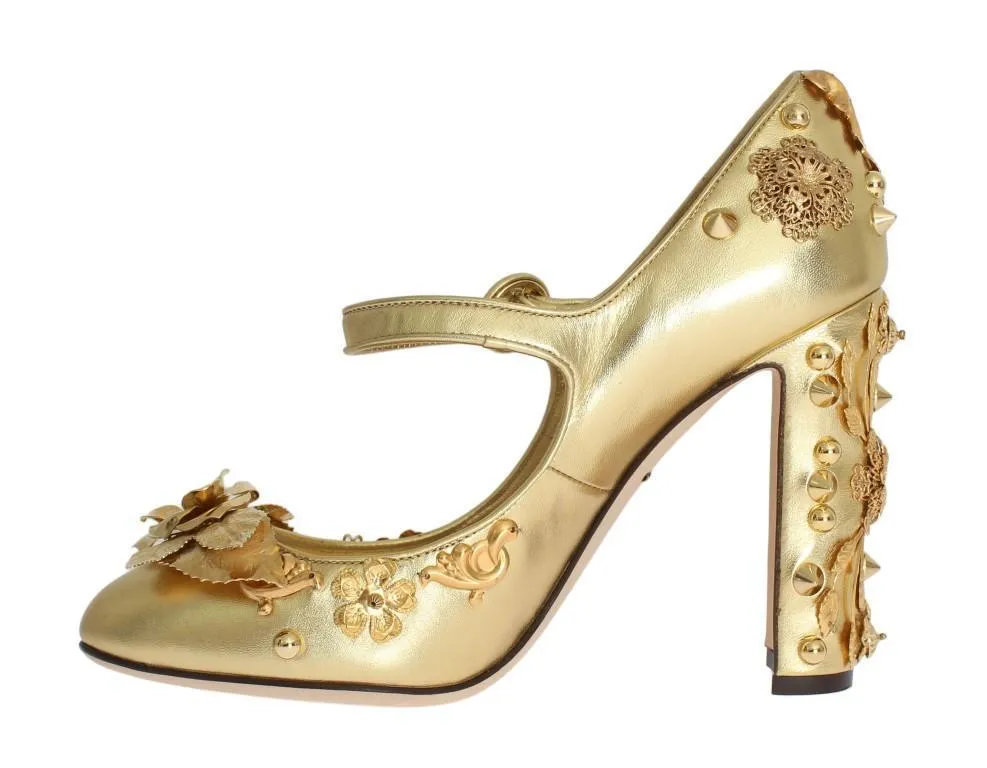 Gold Leather Floral Studded Pumps