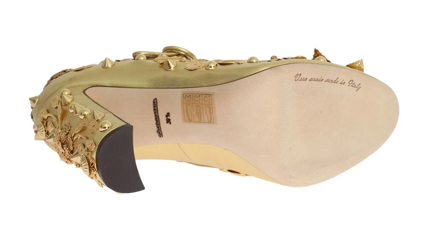 Gold Leather Floral Studded Pumps