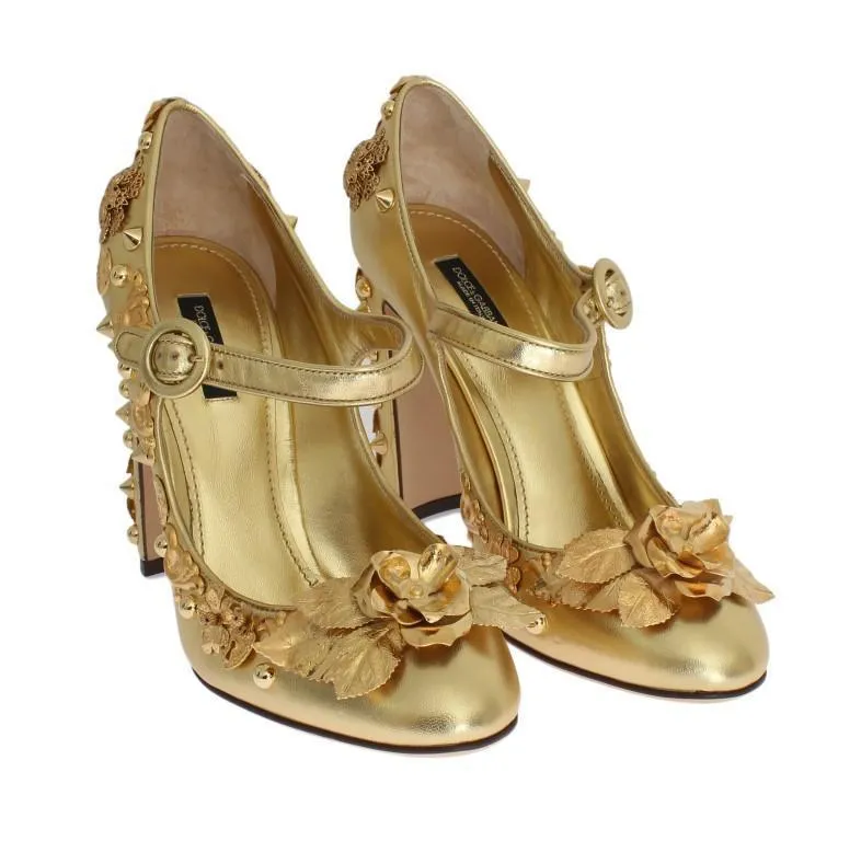 Gold Leather Floral Studded Pumps