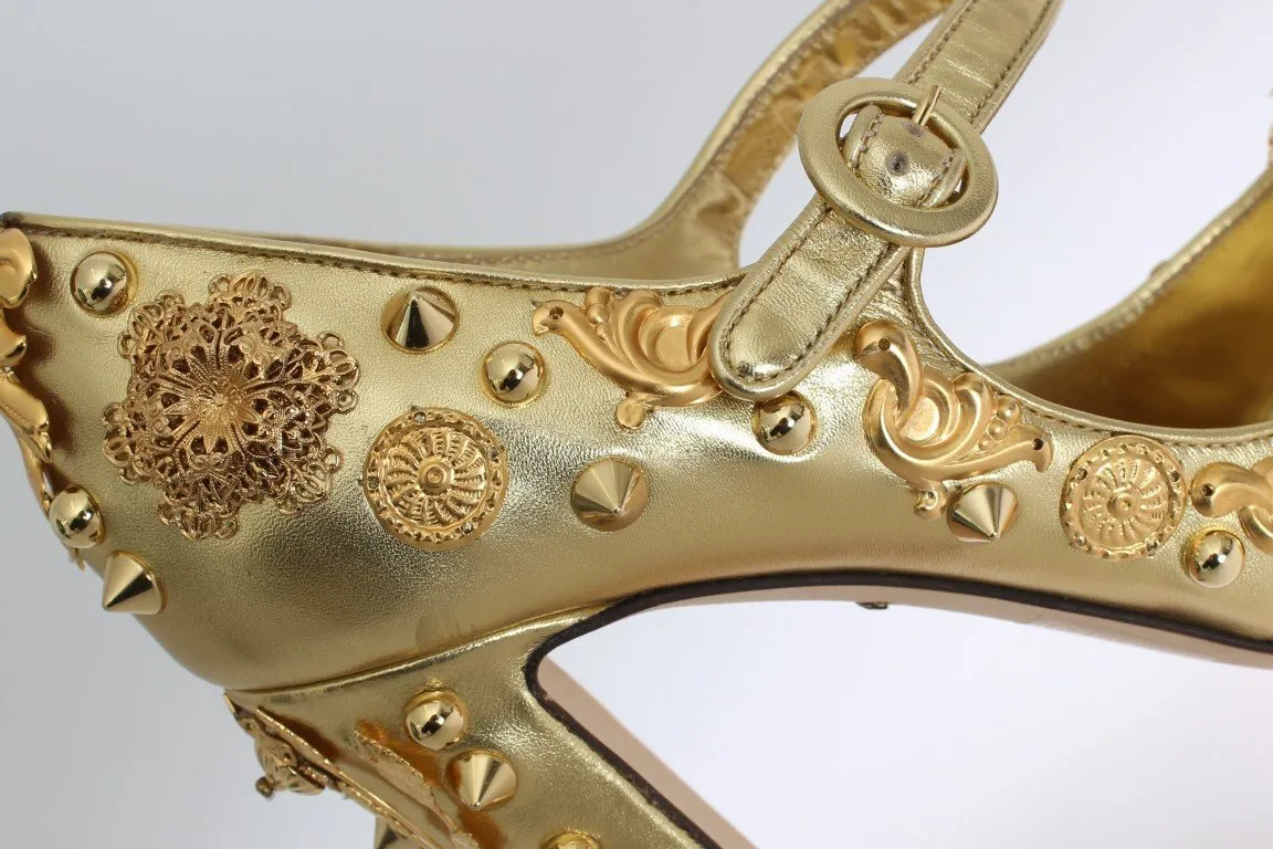 Gold Leather Floral Studded Pumps