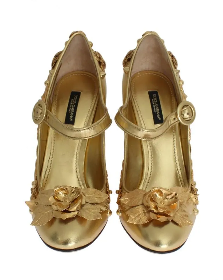 Gold Leather Floral Studded Pumps