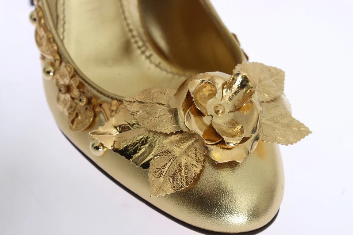 Gold Leather Floral Studded Pumps