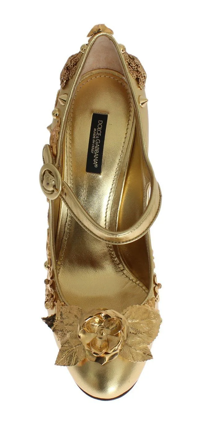 Gold Leather Floral Studded Pumps