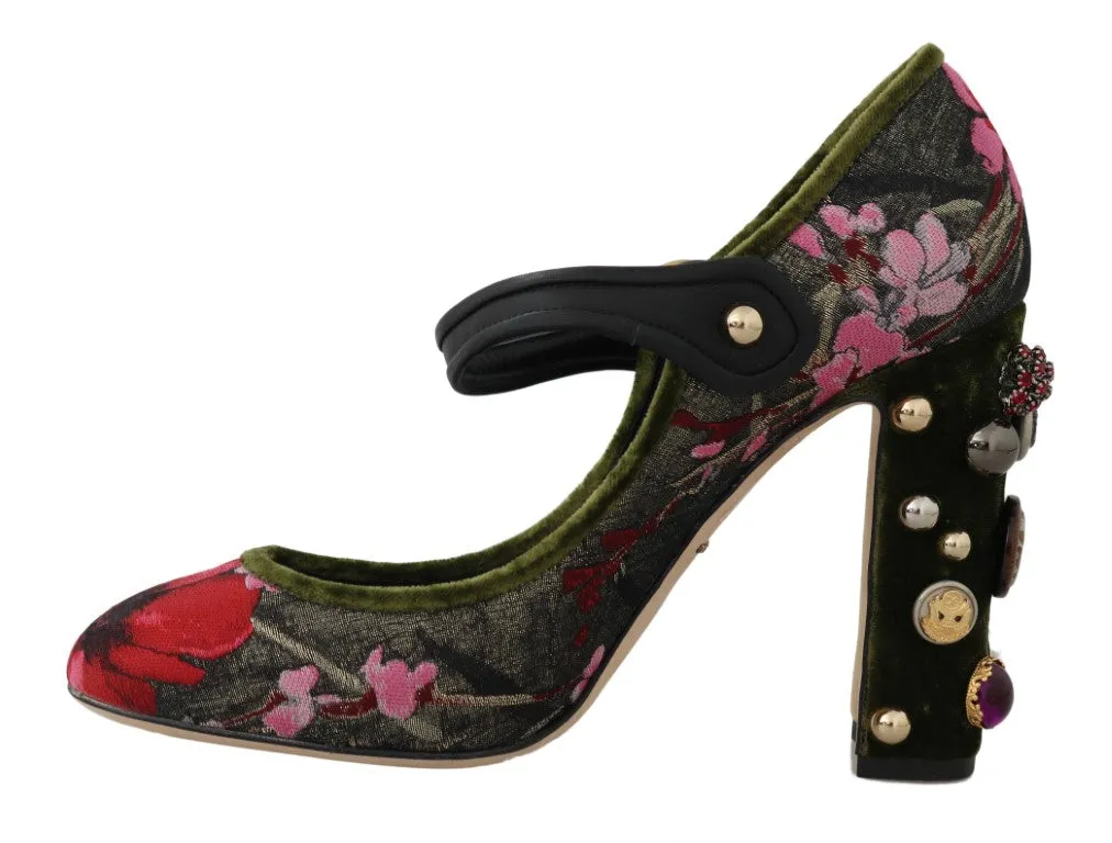 Green Jacquard Crystal Mary Janes Shoes