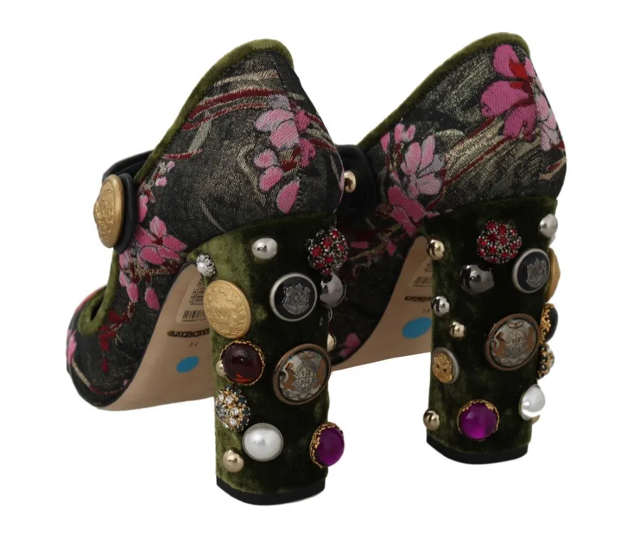 Green Jacquard Crystal Mary Janes Shoes