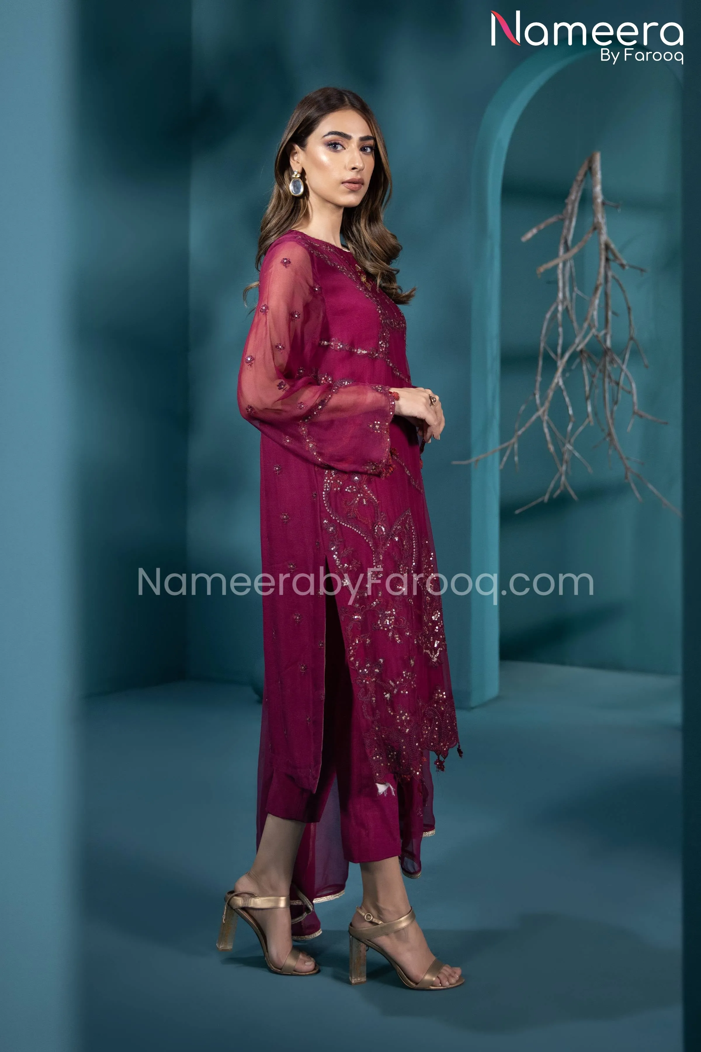 HSY Pakistani Salwar Kameez in Maroon Color 2021 #PF54