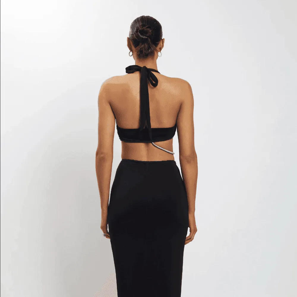 Infinity Halter Diamante Rope Twist Maxi Dress