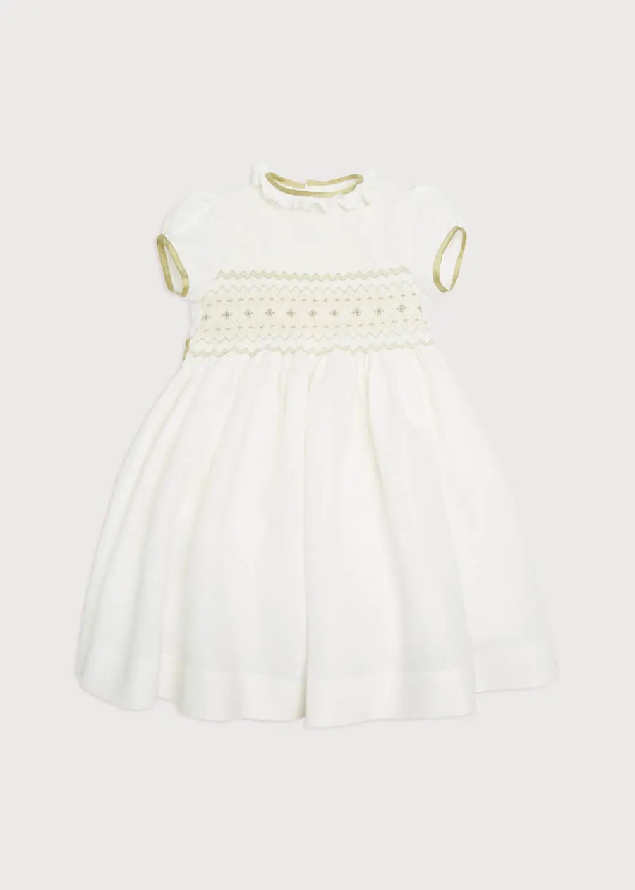 Ivory Hand Smocked Occasion Dress with Green Details (12mths-8yrs)