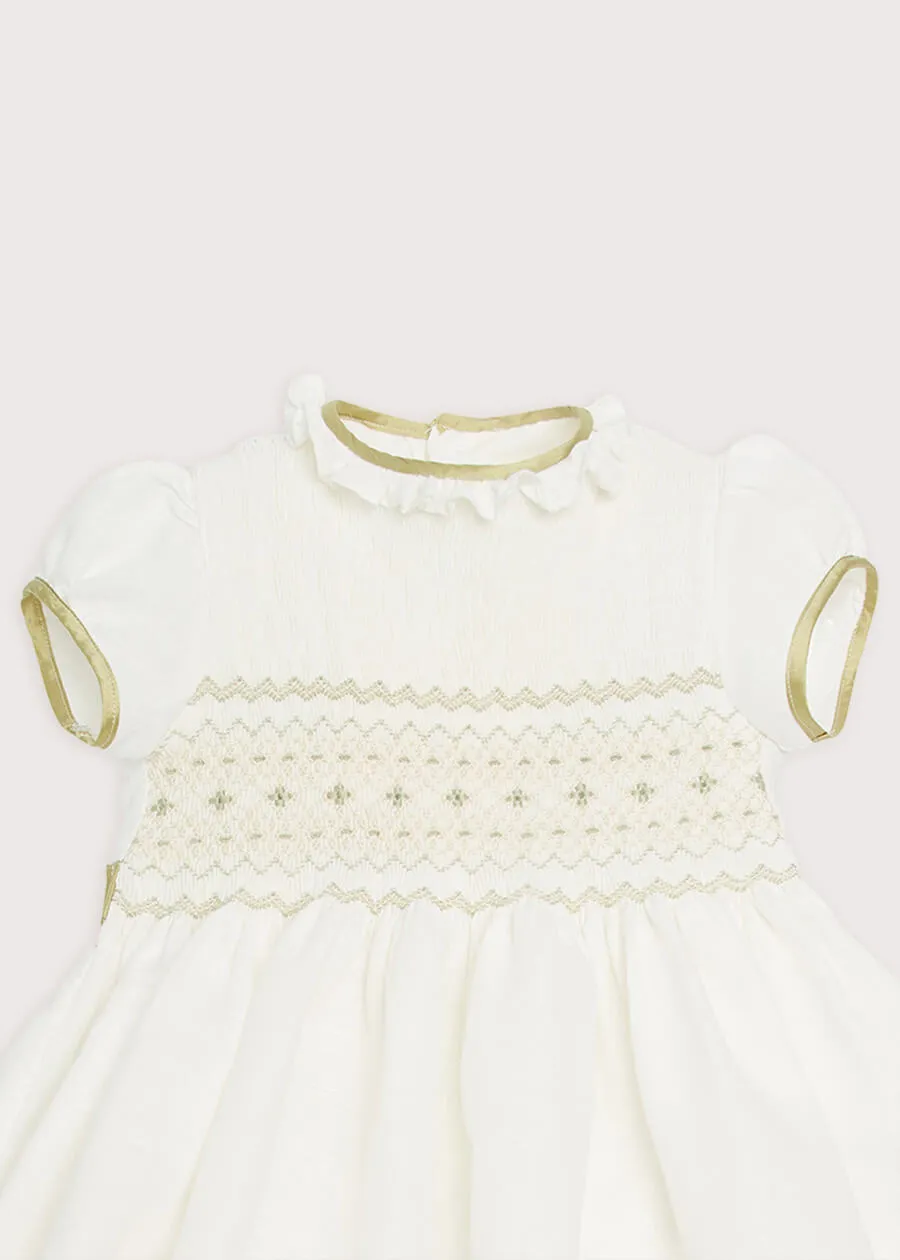 Ivory Hand Smocked Occasion Dress with Green Details (12mths-8yrs)