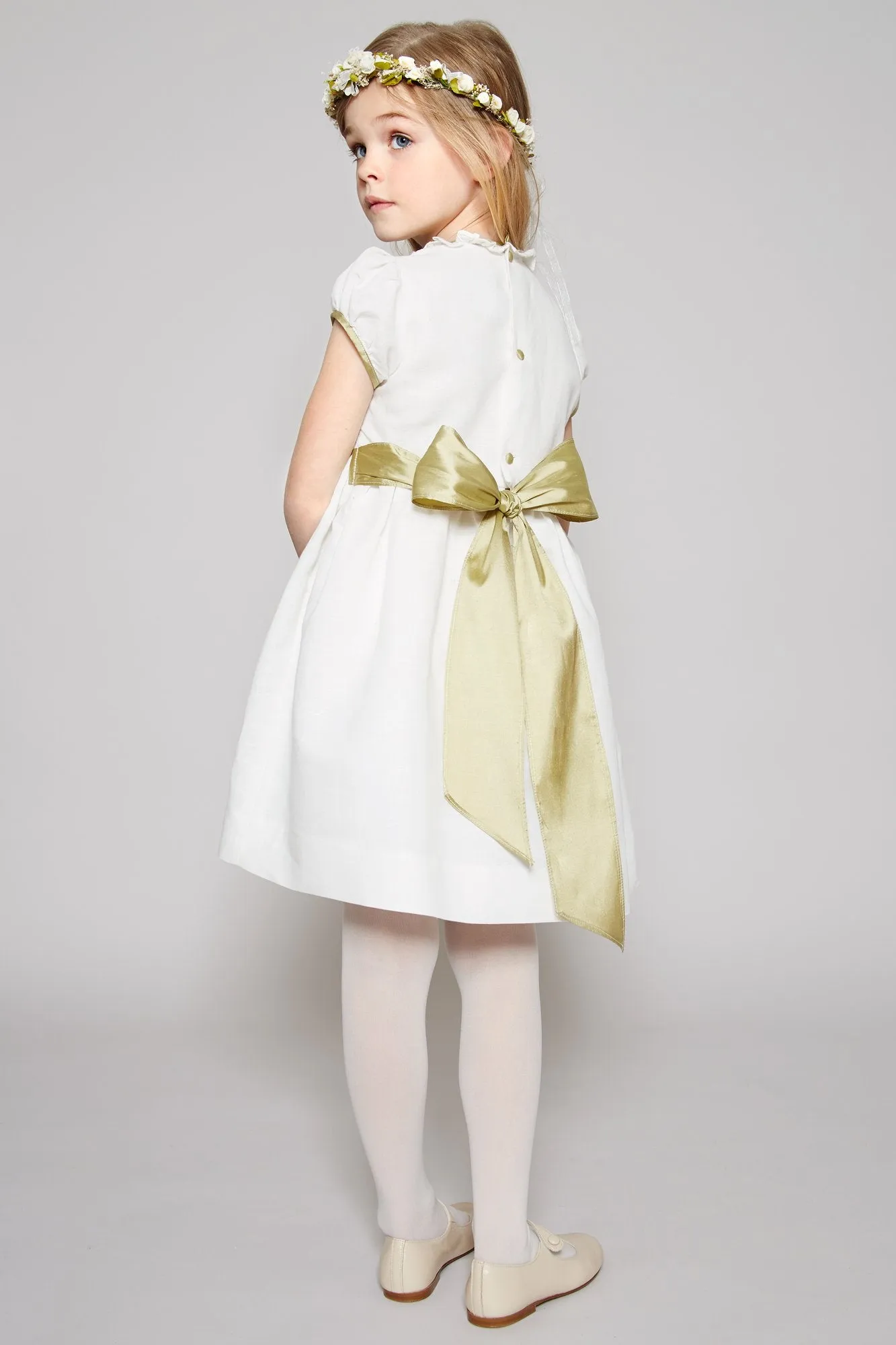 Ivory Hand Smocked Occasion Dress with Green Details (12mths-8yrs)