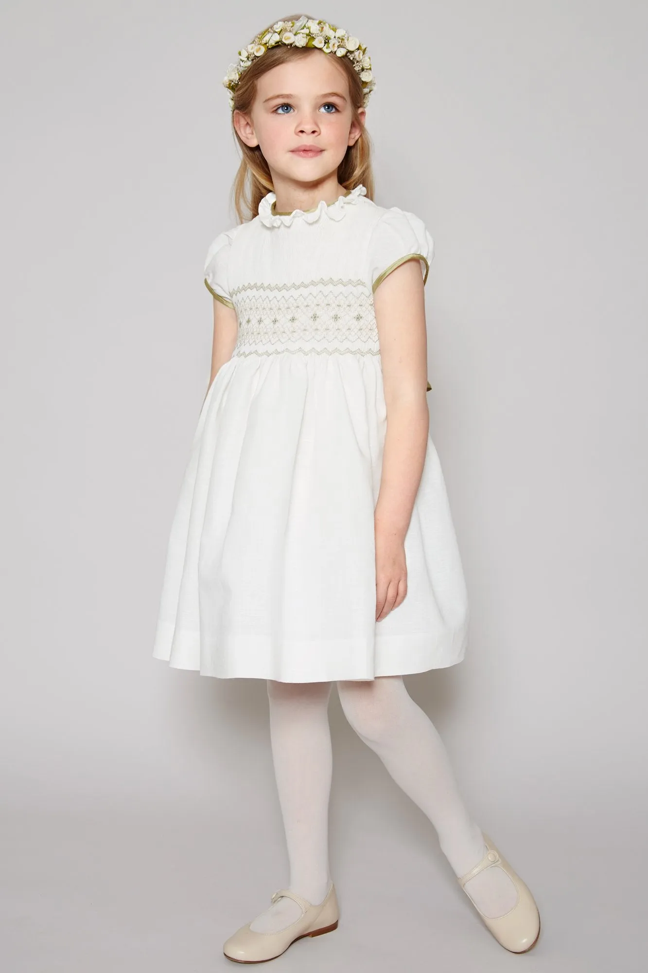 Ivory Hand Smocked Occasion Dress with Green Details (12mths-8yrs)