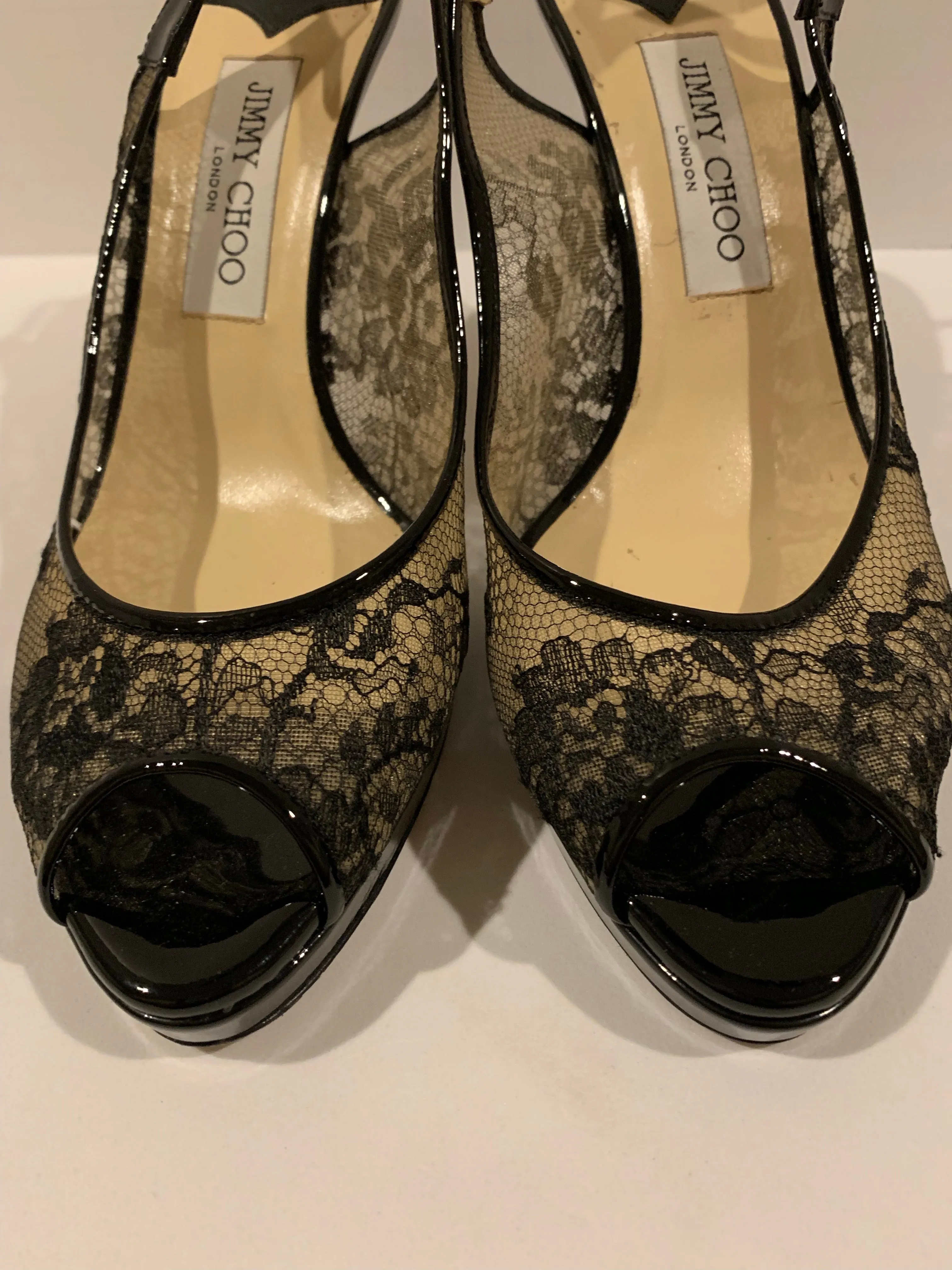 Jimmy Choo Black Lace Patent Leather Pumps Size 39