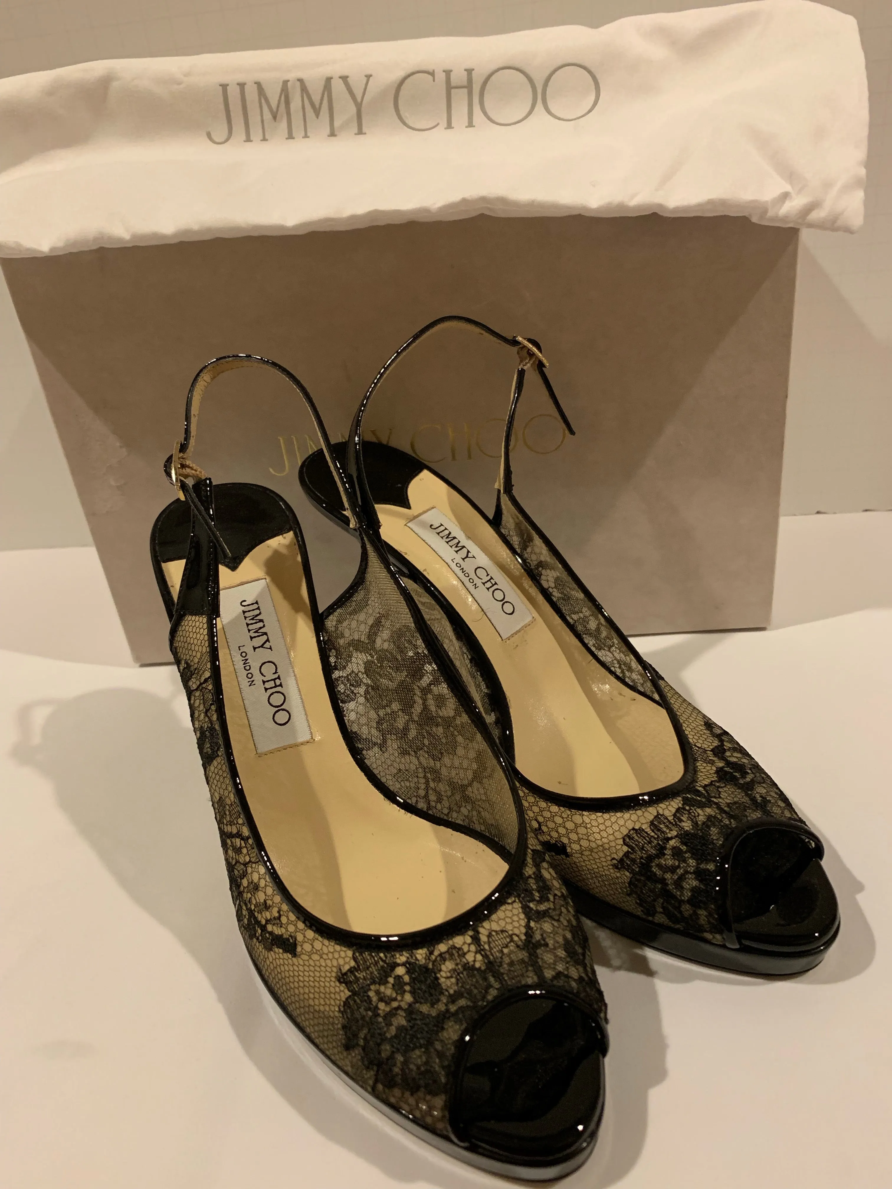 Jimmy Choo Black Lace Patent Leather Pumps Size 39