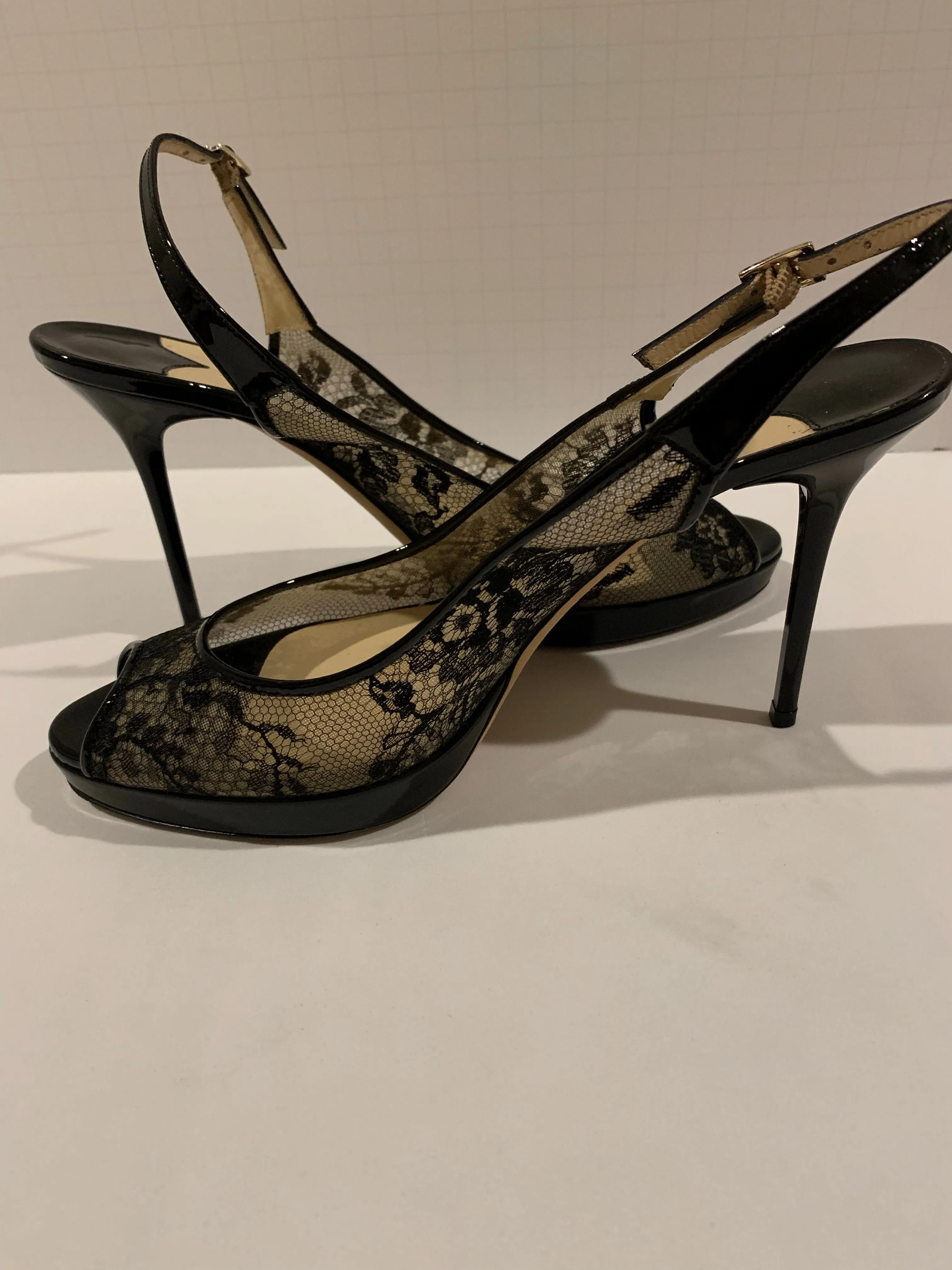 Jimmy Choo Black Lace Patent Leather Pumps Size 39