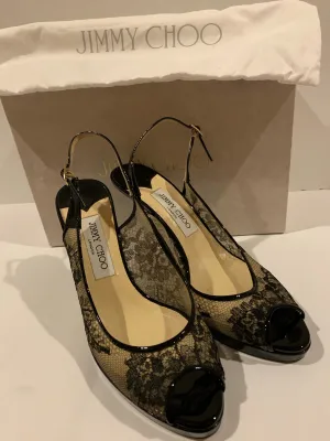 Jimmy Choo Black Lace Patent Leather Pumps Size 39