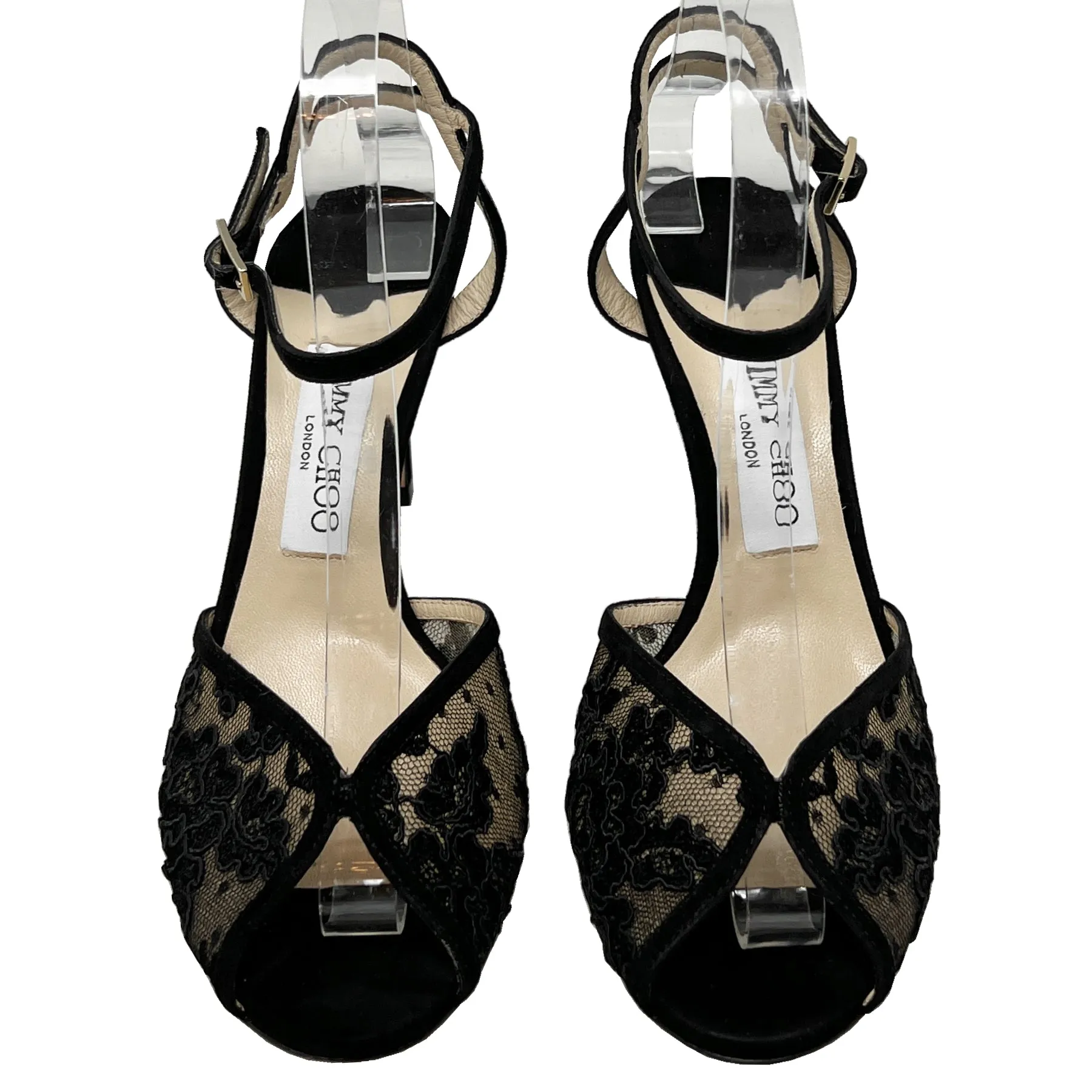Jimmy Choo Sacora 85 Black Suede and Lace Peep Toe Sandals Size EU 38