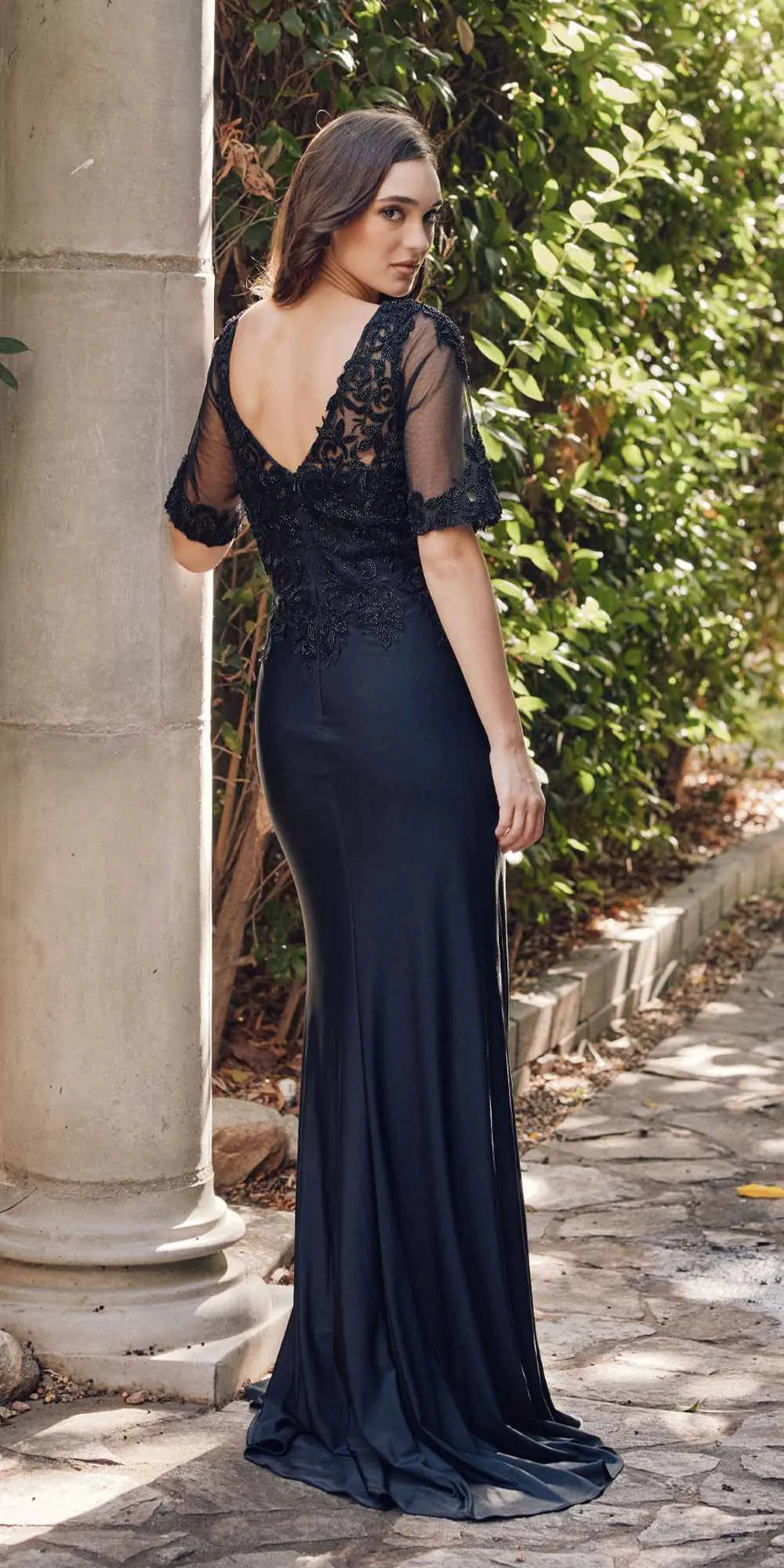 Juliet JTM15L Embroidered Beaded Bodice Short Sleeve Evening Gown
