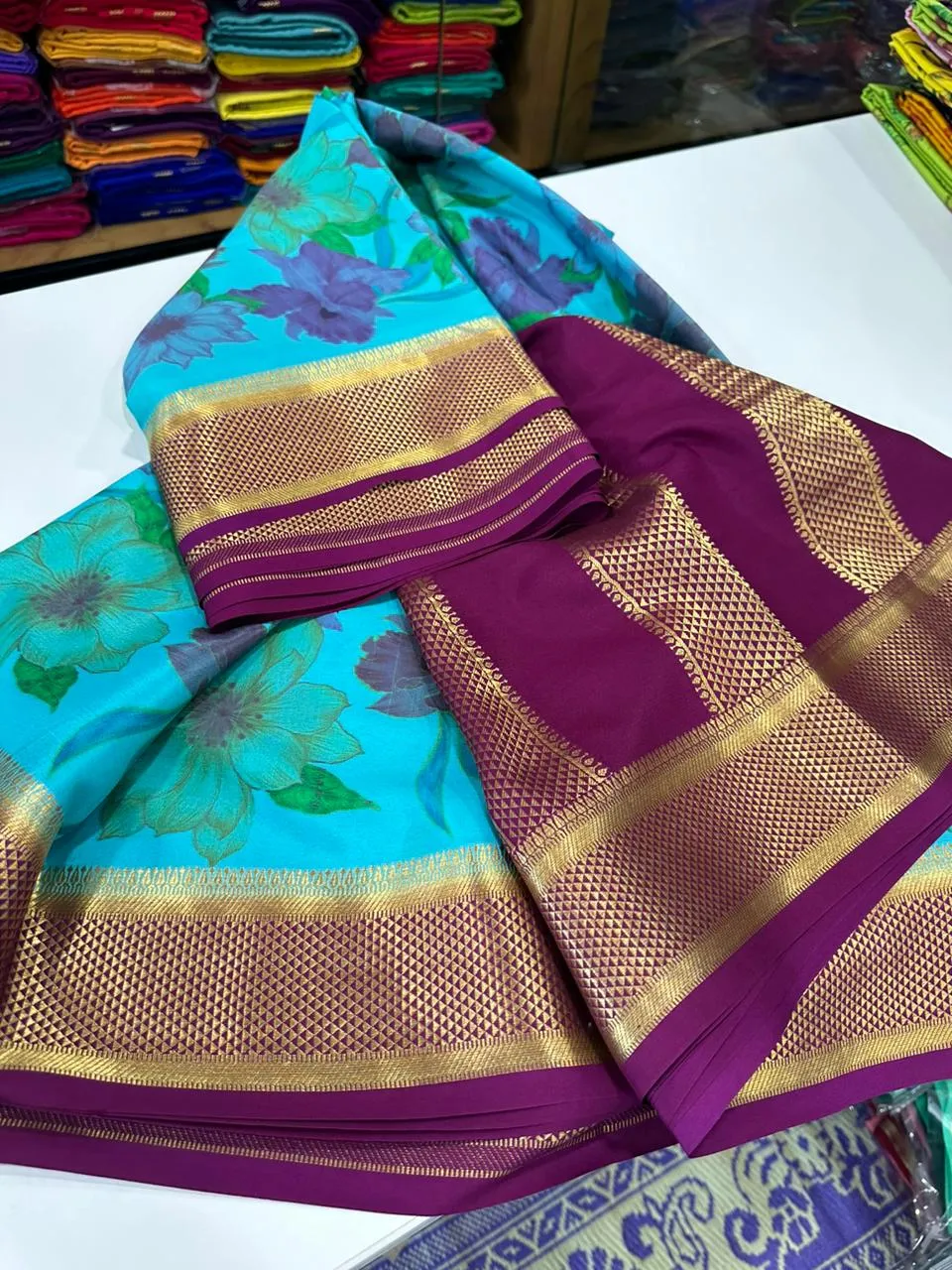Kalamkari Floral Printed Mysoore Silk Saree