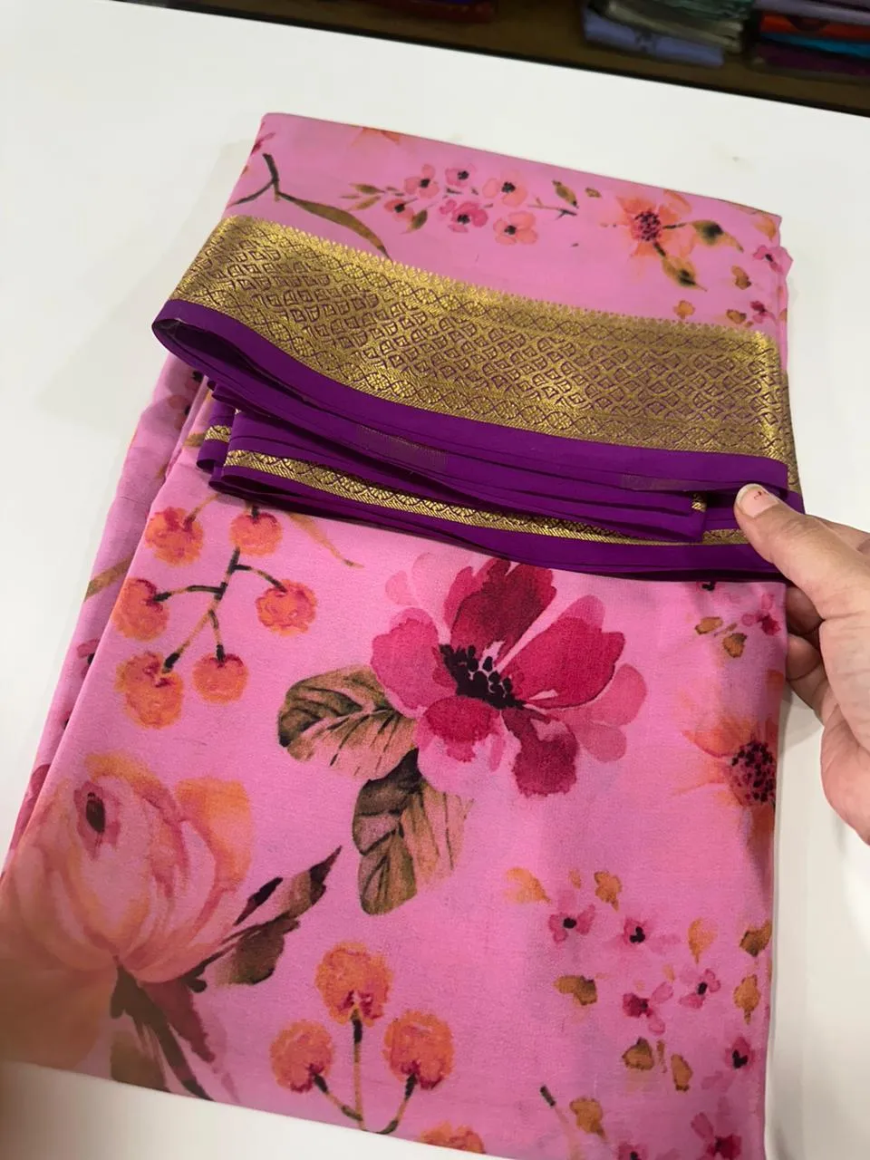 Kalamkari Floral Printed Mysoore Silk Saree
