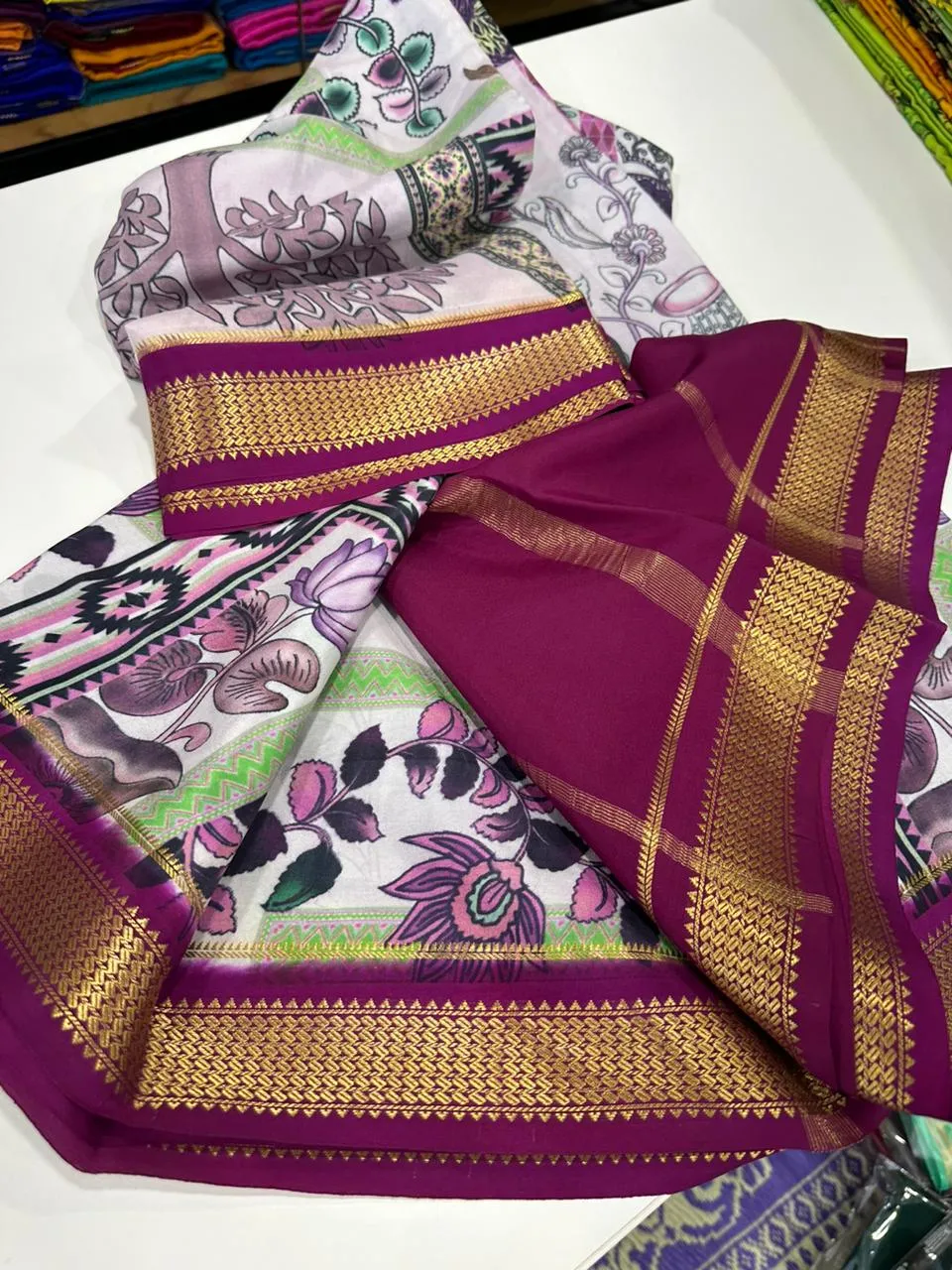 Kalamkari Floral Printed Mysoore Silk Saree