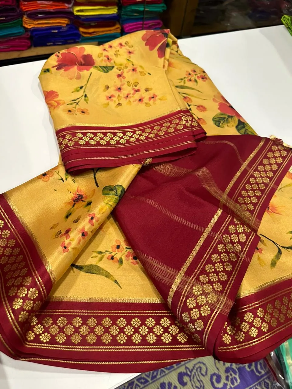 Kalamkari Floral Printed Mysoore Silk Saree