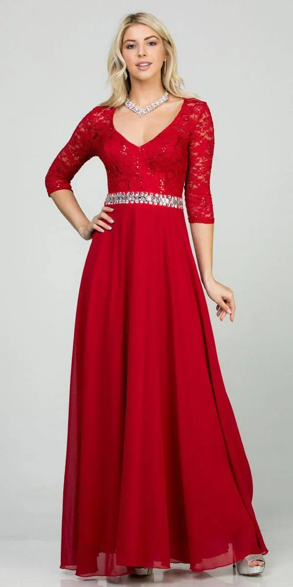 La Scala 25434 Long Chiffon Dress Lace Mid-Length Sleeve