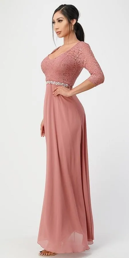 La Scala 25434 Long Chiffon Dress Lace Mid-Length Sleeve