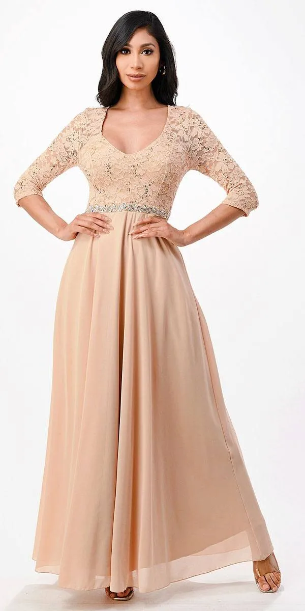 La Scala 25434 Long Chiffon Dress Lace Mid-Length Sleeve
